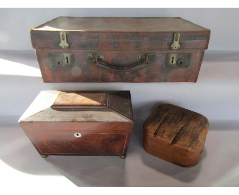 A 19th century sarcophagus tea caddy with converted interior, a vintage suitcase containing a mahjong set with counters and r