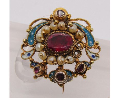 Georgian Renaissance style yellow metal brooch set with morganite and seed pearls with white and blue enamel decoration, 3.4g