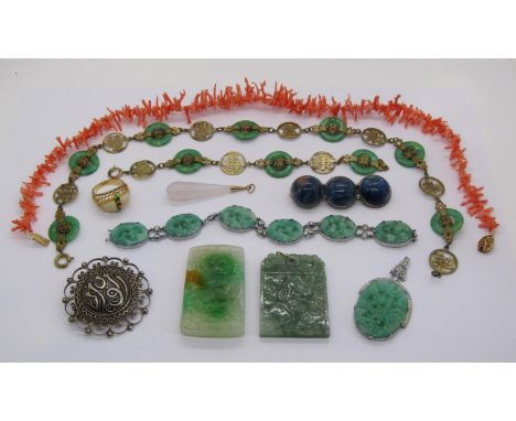 Collection of Eastern style costume jewellery to include several jade type pieces, a silver gilt ring with green enamel detai