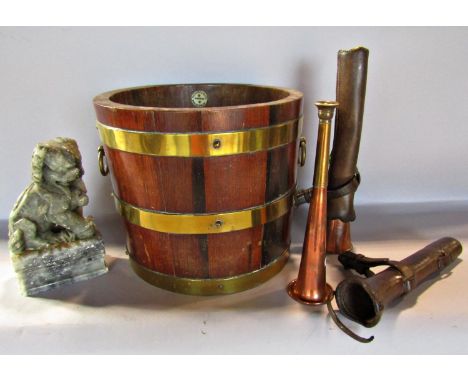 A Lister &amp; Co oak brass banded jardiniere barrel, two copper hunting horns with their original leather sheathes and a Chi