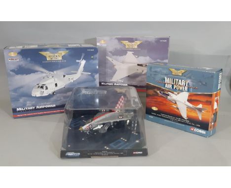 4 boxed Corgi model aircraft comprising 3 from 'Military Power' series Eurofighter Tycoon F2, Hawker Siddeley AV-8C Harrier A