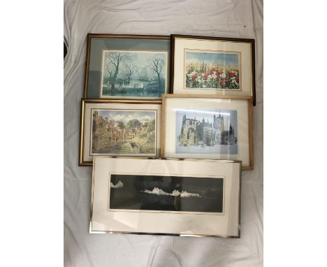Five framed prints to include: John Knapp Fisher - 'Aberfiddy Evening', signed and numbered 379/1000 in pencil below, 61 x 19