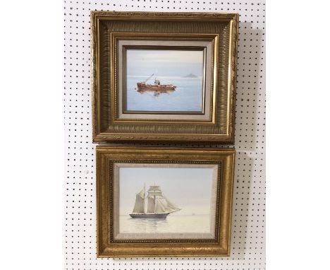 K. B. Hancock - Two oil paintings on canvas of boats at sea, both signed below, 20 x 25 and 24 x 30 cm, both in gilt frames (