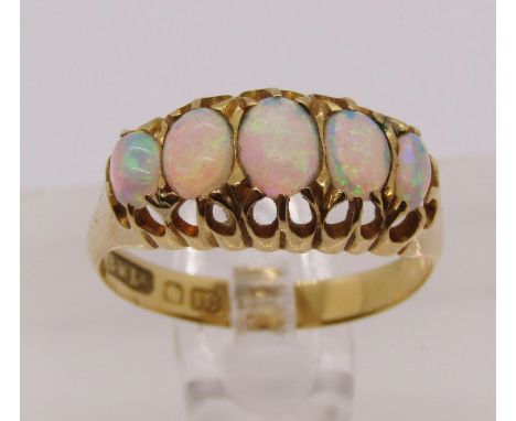 Edwardian 18ct opal five stone ring, maker Henry Williamson Ltd, Birmingham 1908, size M, 2.4g 