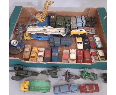 Box of vintage diecast model vehicles by Dinky, Corgi including Dinky Rolls Royce Phantom V, Crane and Desoto Fireflite, toge