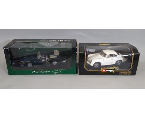 2 boxed 1:18 scale classic cars including Aston Martin DB5 by AutoArt and Porsche 356B  Coupé (1961) by Burago, both boxed (2