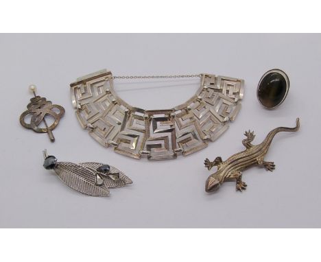 Group of vintage silver jewellery comprising a Greek key design bracelet stamped 'Grosse Germany 1971', an Arts &amp; Crafts 