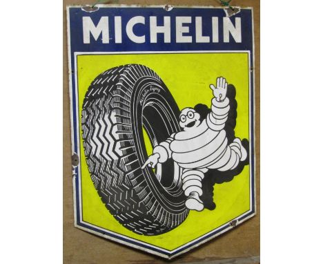 A vintage shield shaped enamel sign advertising Michelin Tyres 61 cm wide x 81 cm high 
