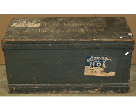A 19th century stained pine chest with hinged lid, (painted A R Woods PWD Bathurst to lid), 88 cm wide x 42 cm deep x 42 cm i