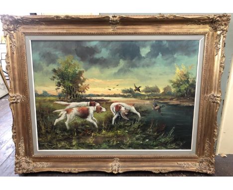 Hunting scene of pointers catching mallards, oil on canvas, indistinctly signed R. K. Ligton? 70 x 100 cm, in ornate moulded 