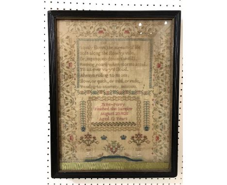 19th century tapestry sampler by Jane Perry, age 12, finished August 20, 1825, with poem above, 32 x 42.5 cm 