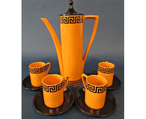 Portmeirion coffee set with Greek key pattern upon an orange ground comprising coffee pot and four cups and saucers 