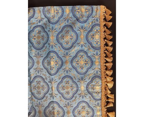 Ex film set props; 5 pairs of very long ornate curtains in a regal blue/ gold pattern, gold lining and gold braid trimming. L
