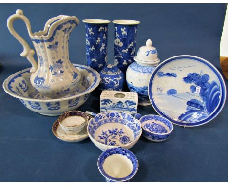 A pair of sleeve vases with hawthorn pattern detail and further contemporary blue and white ware including jug and basin, flo