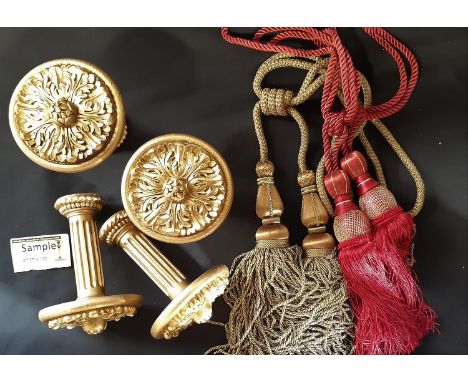 Ex film props; quantity of curtain tie backs in various styles and approx 16 hard moulded tie backs with fixing plates 
