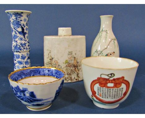 A small collection of Chinese porcelains including an oval caddy, saki sleeve vase, etc, 