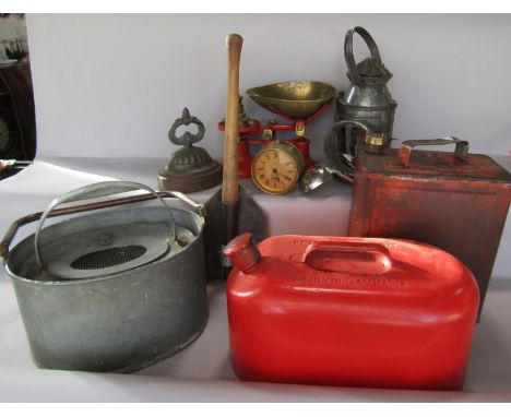 A miscellaneous collection of items including, a red metal PML petrol can , another in a distressed red paint finish, a foldi