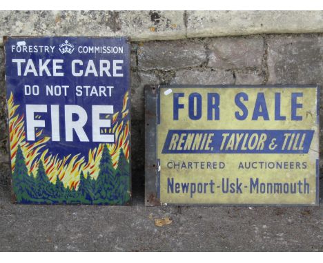 A vintage rectangular enamel sign Forestry Commission, Take Care Do Not Start Fire, 53 cm x 38 cm, together with a further vi