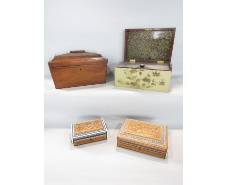 A mahogany Regency sarcophagus tea caddy, a Chinese style pale green lacquered tea caddy with its original hinged metal liner
