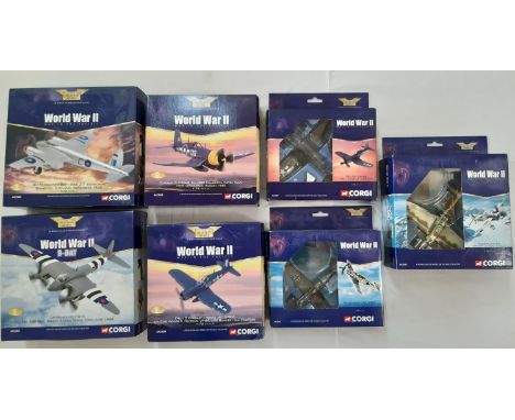 7 boxed model aircraft from Corgi World War II series including Junkers, Corsair, Messerschmitt, Mosquito, ref nos AA32503, A