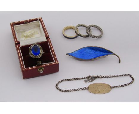 Collection of costume jewellery comprising a David Anderson Scandinavian silver leaf brooch with blue enamel ground, a 9ct an