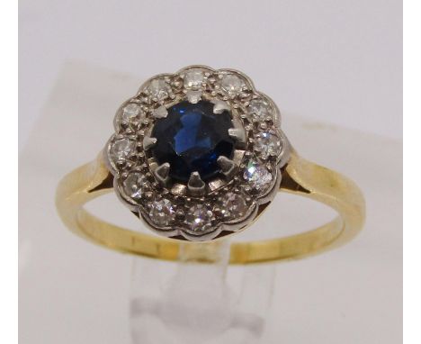 18ct sapphire and diamond cluster ring, size N, 3.8g 