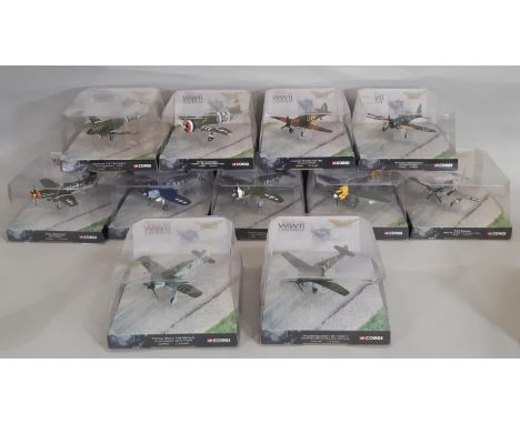 11 boxed wartime aircraft models from Corgi Aviation Archive WWII Legends series, all 1:72 scale, securely fastened in origin