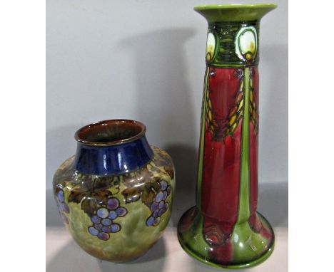 A Minton Secessionist ware vase of cylindrical tapering form with repeating geometric detail, together with a Doulton vase wi