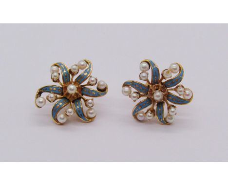Pair of yellow metal flower spray earrings set with pearls and turquoise enamel decoration, 6.8g 