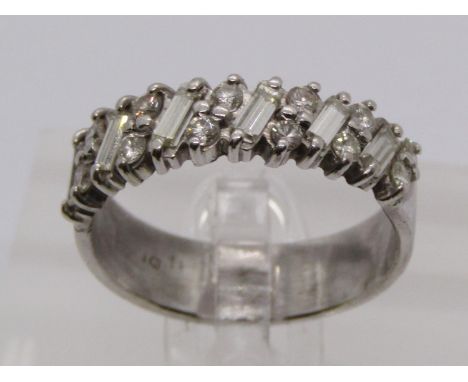 White metal half hoop ring set with baguette and brilliant-cut diamonds, size O, 5.5g 