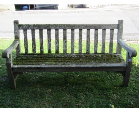 An R A Lister &amp; Co Ltd well weathered teak garden/park bench 83 cm (6ft wide approx af) 