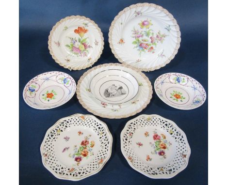 A small mixed collection of Dresden Plates, further English cups and saucers, renaissance figure of Sally Anne, etc 