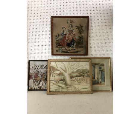 Four framed works - 19th century tapestry of two ladies carrying flowers 48 x 46 cm, together with three prints: After Paul N