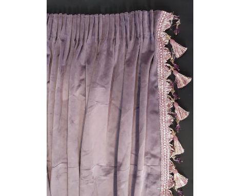 Ex film set props: 1 pair extra long in mauve velvet type curtain, unlined, trimmed with ornate beaded/ tasselled braid and w