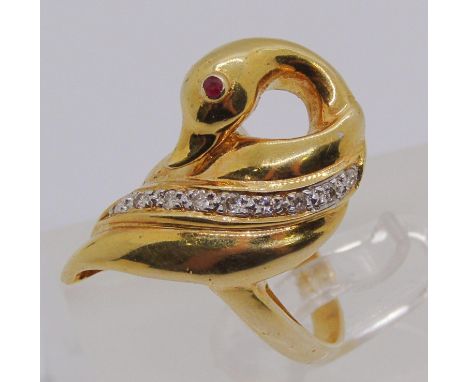 14ct novelty swan ring set with diamonds and a ruby, shell stamp to outer shank, size K/L, 7.1g 