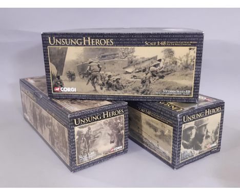 3 boxed Corgi models of wartime helicopters and gunship from 'Unsung Heroes' Vietnam series, all 1:48 scale including AH-1G C