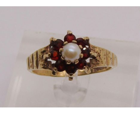 1970s 9ct garnet and pearl cluster ring, size U/V, 3.5g 