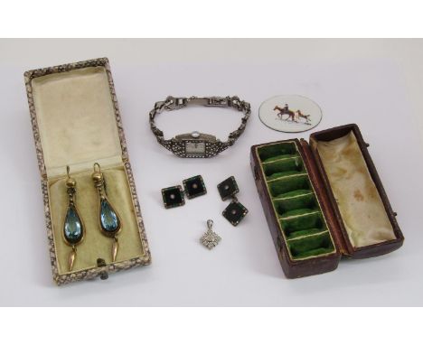 Mixed lot of costume jewellery to include a Bernex silver marcasite ladies cocktail watch, pair of Victorian style gilt drop 