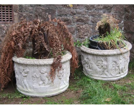 A pair of weathered cast composition stone circular garden planters, one planted, the other containing a removable faux lead 