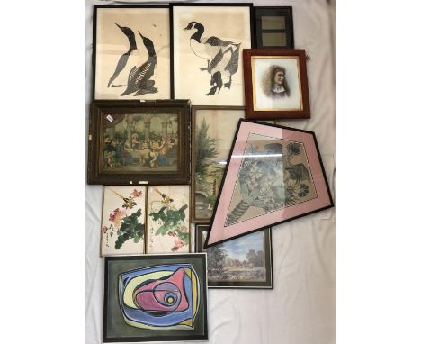 Group of ten framed works and one frame to include: two Chinese watercolour paintings of birds and flowers, with calligraphy 