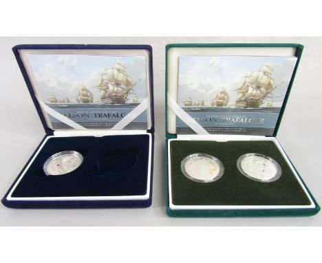 Three commemorative crowns 200th of Nelson Trafalgar, £5 denomination, one portrait, two battle scenes by Piedfort in sterlin