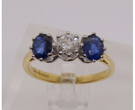 18ct sapphire and diamond three stone ring, diamond 0.45cts approx, maker 'EF', Sheffield 2000, size O, 4.3g 