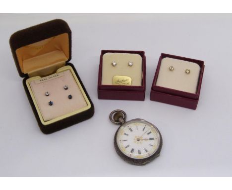 935 silver fob watch with decorative enamel dial, together with a pair of 9ct paste set stud earrings and three further silve