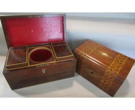 A 19th century mahogany tea caddy with rosewood interior caddies lacking mixing bowl, and a Victorian box with an inlay to th
