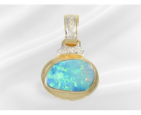 Anhänger: hochwertiger Opalanhänger, Boulderopal: Ca. 27 × 18mm, ca. 3,9g, 14K Gold, Goldschmiedearbeit, Opal mit sehr intens