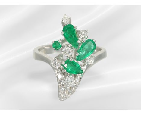 Ring: interessanter vintage Smaragd/Brillant/Diamant-Ring aus 14K Weißgold: Ca. Ø17mm, RG53, ca. 5,8g, 14K Weißgold, schausei