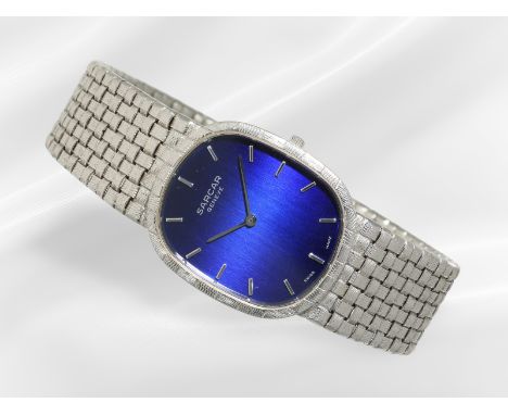 Armbanduhr: elegante goldene vintage Herrenuhr der Marke "Sarcar", 18K Weißgold: Ca. 19cm lang, ca. 67,9g, 18K Weißgold, sign