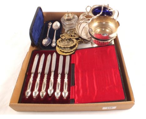 A cased set of six Silver handled tea knives, ceramic scale pan, Silver plate etc