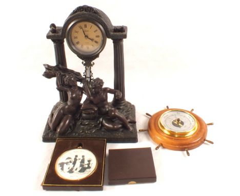 A figure decorated clock and a small barometer etc