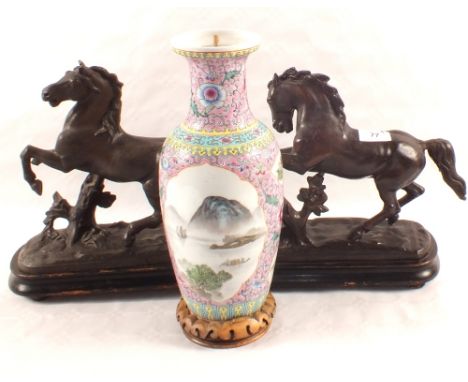 A pair of spelter horses and a Chinese table lamp